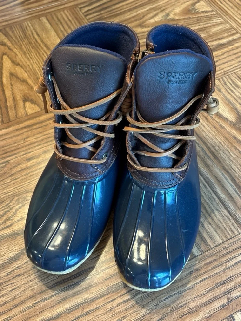 Sperry Navy Rubber & Brown Leather Kids Rain Boots